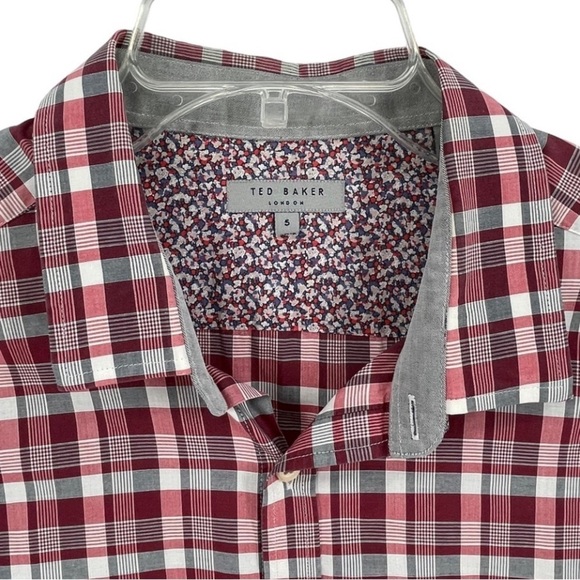 Ted Baker Burgundy/Gray Plaid Check Button Up Business Casual Shirt  Size 5/ XL - Picture 4 of 15